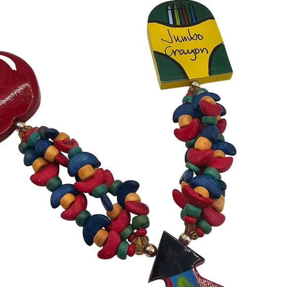 Vtg Handmade Wood Beaded 25" Necklace Schoolhouse Painted Teacher Gift Colorful - Picture 9 of 10